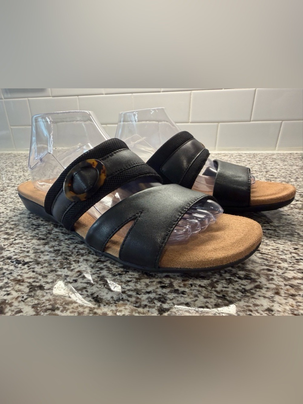 Earth Origins Brynley Black Leather Slide Sandals - Size 11 Wide - Comfort Shoes